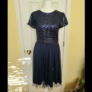 Marina Navy Blue Short Sleeve Sequin Mesh Tulle Dress Crew Neck Knee Length 6